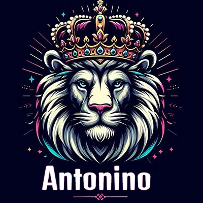 Dibujo majestuoso de león con corona enjoyada, rayos de luz detrás y nombre en la parte inferior. - Antonino Dibujo majestuoso de león con corona enjoyada, rayos de luz detrás y nombre en la parte inferior. - Antonino
