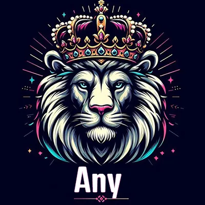 Dibujo majestuoso de león con corona enjoyada, rayos de luz detrás y nombre en la parte inferior. - Any Dibujo majestuoso de león con corona enjoyada, rayos de luz detrás y nombre en la parte inferior. - Any