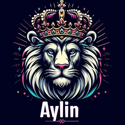 Dibujo majestuoso de león con corona enjoyada, rayos de luz detrás y nombre en la parte inferior. - Aylin
