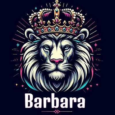 Dibujo majestuoso de león con corona enjoyada, rayos de luz detrás y nombre en la parte inferior. - Barbara Dibujo majestuoso de león con corona enjoyada, rayos de luz detrás y nombre en la parte inferior. - Barbara