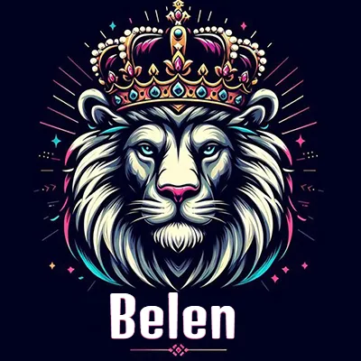 Dibujo majestuoso de león con corona enjoyada, rayos de luz detrás y nombre en la parte inferior. - Belen