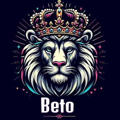 Dibujo majestuoso de león con corona enjoyada, rayos de luz detrás y nombre en la parte inferior. - Beto