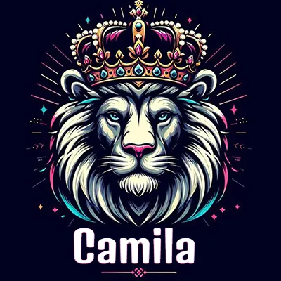 Dibujo majestuoso de león con corona enjoyada, rayos de luz detrás y nombre en la parte inferior. - Camila