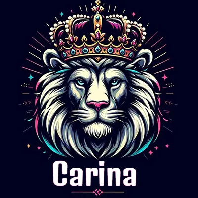 Dibujo majestuoso de león con corona enjoyada, rayos de luz detrás y nombre en la parte inferior. - Carina