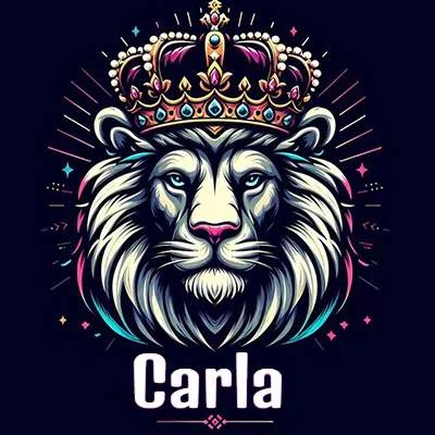 Dibujo majestuoso de león con corona enjoyada, rayos de luz detrás y nombre en la parte inferior. - Carla
