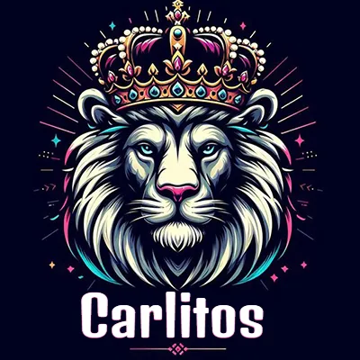 Dibujo majestuoso de león con corona enjoyada, rayos de luz detrás y nombre en la parte inferior. - Carlitos