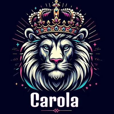 Dibujo majestuoso de león con corona enjoyada, rayos de luz detrás y nombre en la parte inferior. - Carola