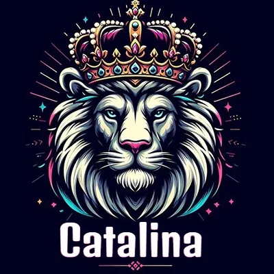 Dibujo majestuoso de león con corona enjoyada, rayos de luz detrás y nombre en la parte inferior. - Catalina