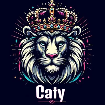 Dibujo majestuoso de león con corona enjoyada, rayos de luz detrás y nombre en la parte inferior. - Caty