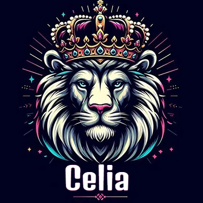 Dibujo majestuoso de león con corona enjoyada, rayos de luz detrás y nombre en la parte inferior. - Celia