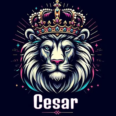 Dibujo majestuoso de león con corona enjoyada, rayos de luz detrás y nombre en la parte inferior. - Cesar