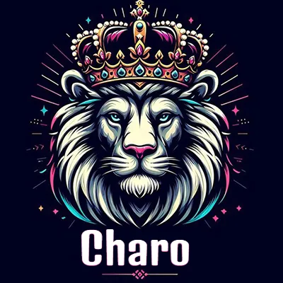 Dibujo majestuoso de león con corona enjoyada, rayos de luz detrás y nombre en la parte inferior. - Charo