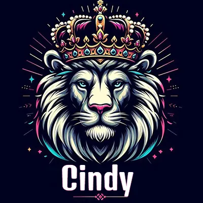 Dibujo majestuoso de león con corona enjoyada, rayos de luz detrás y nombre en la parte inferior. - Cindy