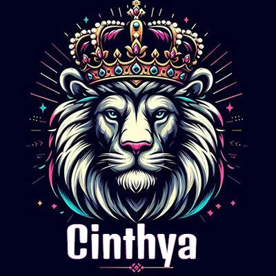 Dibujo majestuoso de león con corona enjoyada, rayos de luz detrás y nombre en la parte inferior. - Cinthya