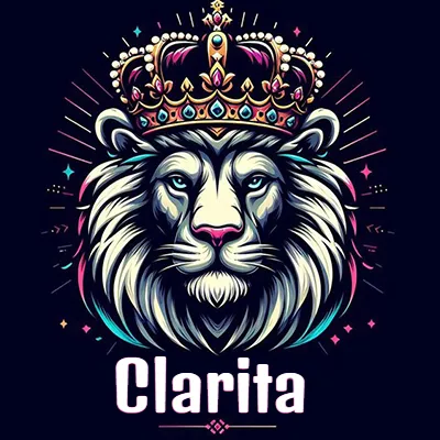Dibujo majestuoso de león con corona enjoyada, rayos de luz detrás y nombre en la parte inferior. - Clarita