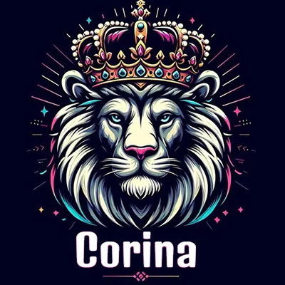 Dibujo majestuoso de león con corona enjoyada, rayos de luz detrás y nombre en la parte inferior. - Corina