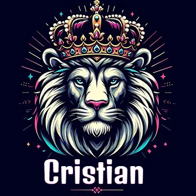 Dibujo majestuoso de león con corona enjoyada, rayos de luz detrás y nombre en la parte inferior. - Cristian