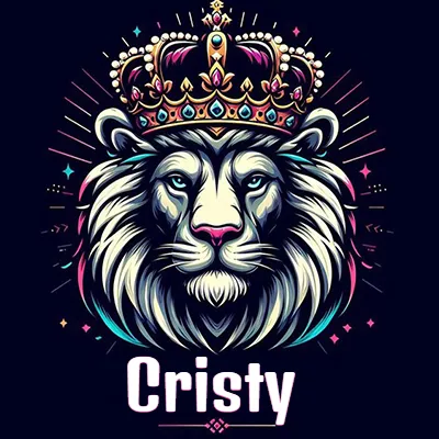 Dibujo majestuoso de león con corona enjoyada, rayos de luz detrás y nombre en la parte inferior. - Cris
