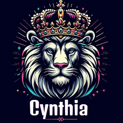 Dibujo majestuoso de león con corona enjoyada, rayos de luz detrás y nombre en la parte inferior. - Cynthia