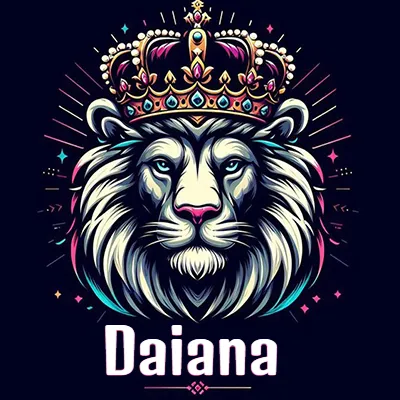 Dibujo majestuoso de león con corona enjoyada, rayos de luz detrás y nombre en la parte inferior. - Daiana