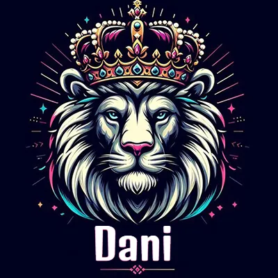 Dibujo majestuoso de león con corona enjoyada, rayos de luz detrás y nombre en la parte inferior. - Dani Dibujo majestuoso de león con corona enjoyada, rayos de luz detrás y nombre en la parte inferior. - Dani