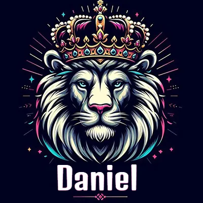 Dibujo majestuoso de león con corona enjoyada, rayos de luz detrás y nombre en la parte inferior. - Daniel Dibujo majestuoso de león con corona enjoyada, rayos de luz detrás y nombre en la parte inferior. - Daniel