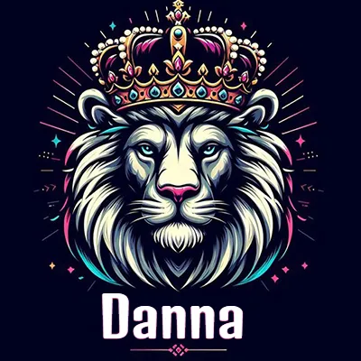 Dibujo majestuoso de león con corona enjoyada, rayos de luz detrás y nombre en la parte inferior. - Danna