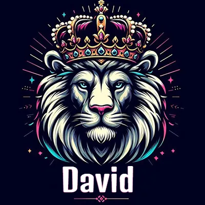 Dibujo majestuoso de león con corona enjoyada, rayos de luz detrás y nombre en la parte inferior. - David
