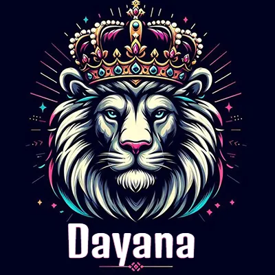 Dibujo majestuoso de león con corona enjoyada, rayos de luz detrás y nombre en la parte inferior. - Dayana