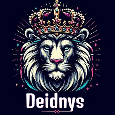 Dibujo majestuoso de león con corona enjoyada, rayos de luz detrás y nombre en la parte inferior. - Deidnys