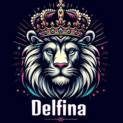 Dibujo majestuoso de león con corona enjoyada, rayos de luz detrás y nombre en la parte inferior. - Delfina