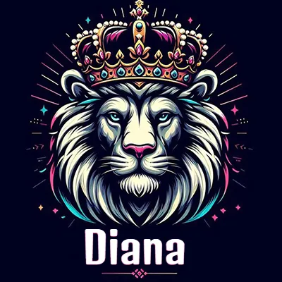 Dibujo majestuoso de león con corona enjoyada, rayos de luz detrás y nombre en la parte inferior. - Diana Dibujo majestuoso de león con corona enjoyada, rayos de luz detrás y nombre en la parte inferior. - Diana