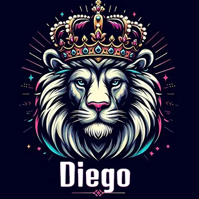 Dibujo majestuoso de león con corona enjoyada, rayos de luz detrás y nombre en la parte inferior. - Diego Dibujo majestuoso de león con corona enjoyada, rayos de luz detrás y nombre en la parte inferior. - Diego