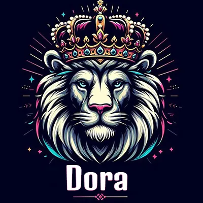 Dibujo majestuoso de león con corona enjoyada, rayos de luz detrás y nombre en la parte inferior. - Dora Dibujo majestuoso de león con corona enjoyada, rayos de luz detrás y nombre en la parte inferior. - Dora