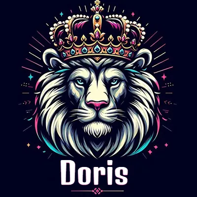 Dibujo majestuoso de león con corona enjoyada, rayos de luz detrás y nombre en la parte inferior. - Doris Dibujo majestuoso de león con corona enjoyada, rayos de luz detrás y nombre en la parte inferior. - Doris