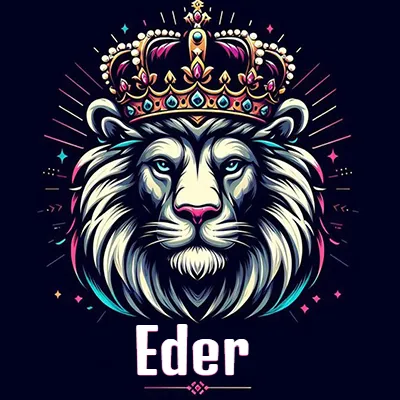 Dibujo majestuoso de león con corona enjoyada, rayos de luz detrás y nombre en la parte inferior. - Eder
