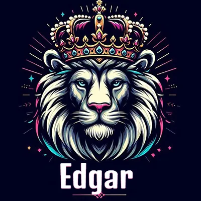 Dibujo majestuoso de león con corona enjoyada, rayos de luz detrás y nombre en la parte inferior. - Edgar