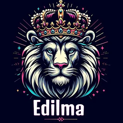 Dibujo majestuoso de león con corona enjoyada, rayos de luz detrás y nombre en la parte inferior. - Edilma Dibujo majestuoso de león con corona enjoyada, rayos de luz detrás y nombre en la parte inferior. - Edilma