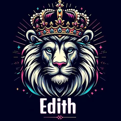 Dibujo majestuoso de león con corona enjoyada, rayos de luz detrás y nombre en la parte inferior. - Edith