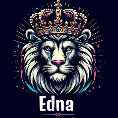 Dibujo majestuoso de león con corona enjoyada, rayos de luz detrás y nombre en la parte inferior. - Edna Dibujo majestuoso de león con corona enjoyada, rayos de luz detrás y nombre en la parte inferior. - Edna
