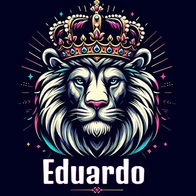 Dibujo majestuoso de león con corona enjoyada, rayos de luz detrás y nombre en la parte inferior. - Eduardo