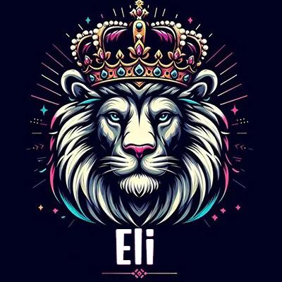 Rostro de león blanco y azul con expresiones serenas y seguras, llevando una corona real engastada con gemas púrpuras y perlas, con un fondo de líneas de luz coloridas que asemejan estrellas. El nombre Eli está escrito en una tipografía vertical simple debajo de la barbilla del león en el centro de la imagen. Rostro de león blanco y azul con expresiones serenas y seguras, llevando una corona real engastada con gemas púrpuras y perlas, con un fondo de líneas de luz coloridas que asemejan estrellas. El nombre Eli está escrito en una tipografía vertical simple debajo de la barbilla del león en el centro de la imagen.