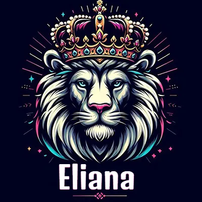 Dibujo majestuoso de león con corona enjoyada, rayos de luz detrás y nombre en la parte inferior. - Eliana Dibujo majestuoso de león con corona enjoyada, rayos de luz detrás y nombre en la parte inferior. - Eliana