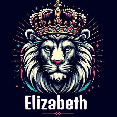 Dibujo majestuoso de león con corona enjoyada, rayos de luz detrás y nombre en la parte inferior. - Elizabeth