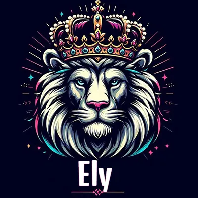 Dibujo majestuoso de león con corona enjoyada, rayos de luz detrás y nombre en la parte inferior. - Ely Dibujo majestuoso de león con corona enjoyada, rayos de luz detrás y nombre en la parte inferior. - Ely
