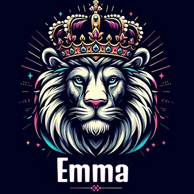 Dibujo majestuoso de león con corona enjoyada, rayos de luz detrás y nombre en la parte inferior. - Emma