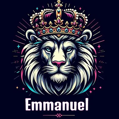 Dibujo majestuoso de león con corona enjoyada, rayos de luz detrás y nombre en la parte inferior. - Emmanuel