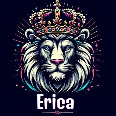 Dibujo majestuoso de león con corona enjoyada, rayos de luz detrás y nombre en la parte inferior. - Erica