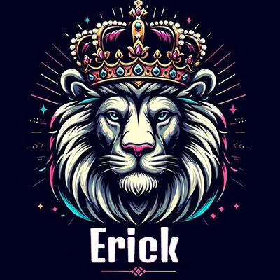 Dibujo majestuoso de león con corona enjoyada, rayos de luz detrás y nombre en la parte inferior. - Erick