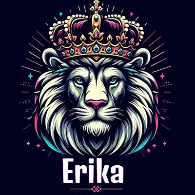 Dibujo majestuoso de león con corona enjoyada, rayos de luz detrás y nombre en la parte inferior. - Erika